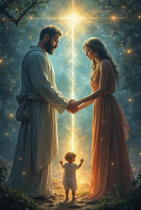 Create an image for me where a father and a mother and a  are transmitting the teaching to him and that highlights spiritual connection and growth. with a creative design with a mystical dreamlike atmosphere