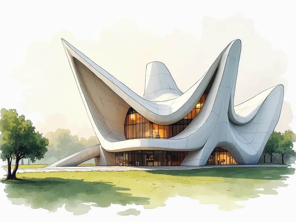 Museum with curves and peaks inspired by post-modern architecture, Make it a drawing with watercolors NOT REALISTIC, easy and small 