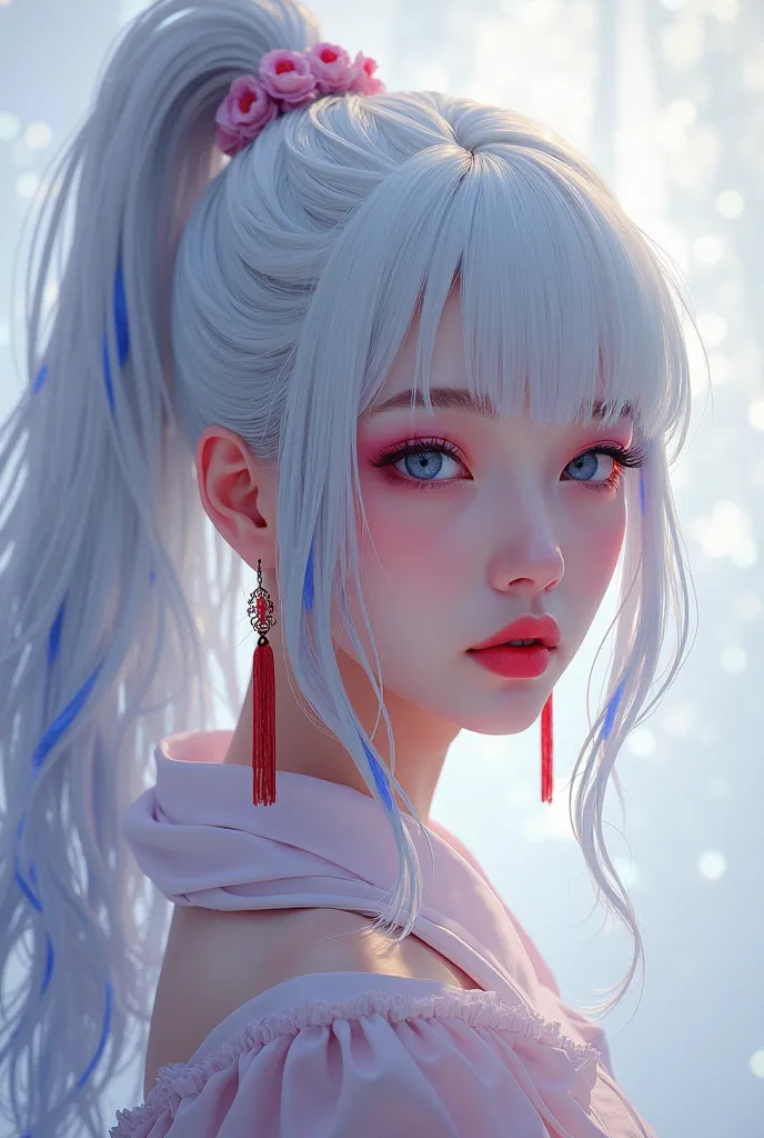 Asian female male, very long white hair tied in a tall ponytail, Degrade on the lavender and blue tips, blue eyes,  red eyeliner , pink lips. red tassel earrings,  Digital draw styl