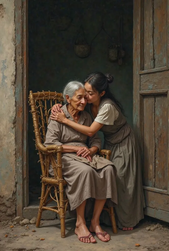  cuddling her very old grandmother with many wrinkles who is sitting on a straw chair in a very old house 