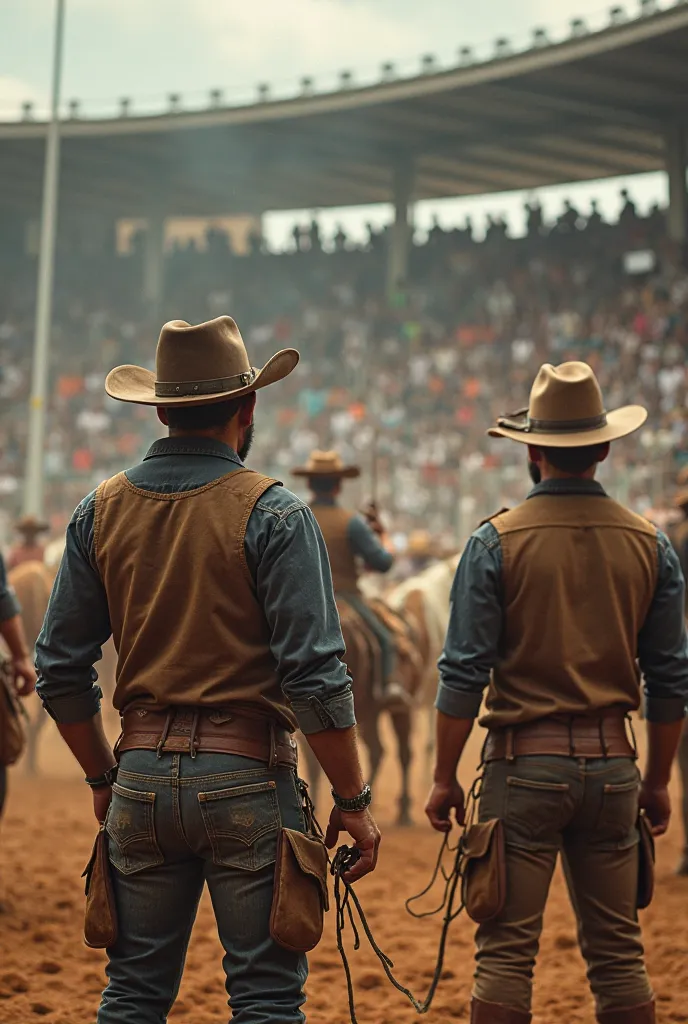 The camera starts at the arena gate with the announcer speaking and the
Peões de Costa