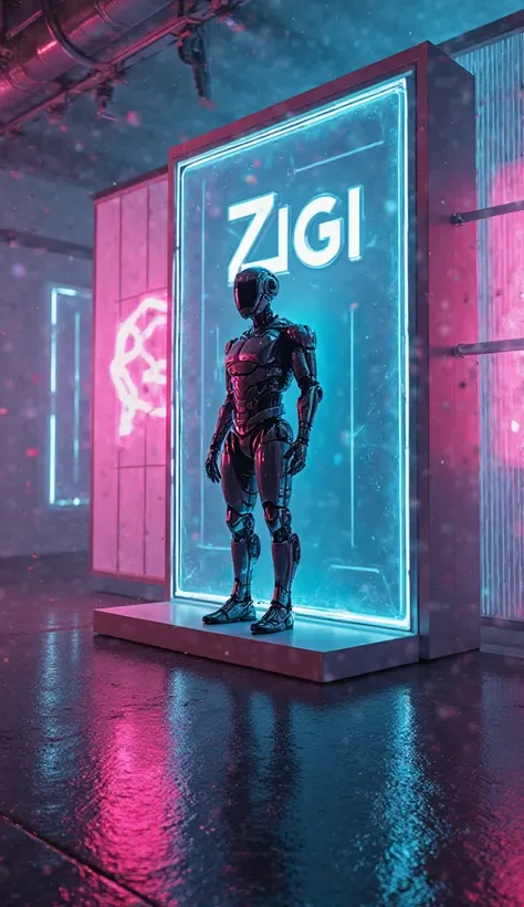 A board, a poster with an image of an android robot announcing LIVE broadcasts. A clear inscription DJ ZIGI is visible. A journey into the world of trance music.