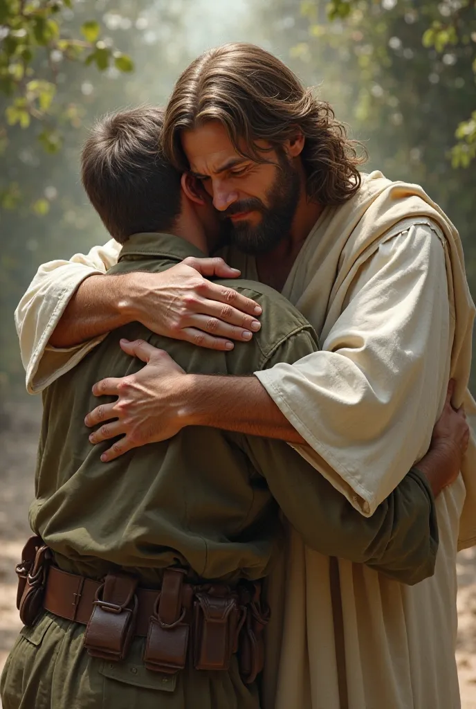 Create an image of Jesus hugging the soldier