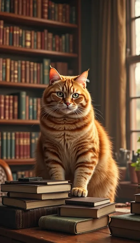 A fat, orange cat with refined features, organizing books on a bookcase in the living room. Warm autumn light illuminates the scene, with cinematic details and a welcoming atmosphere.