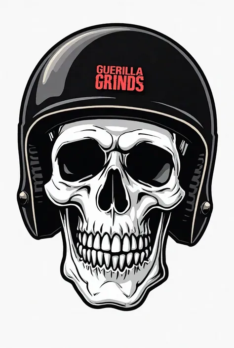 head of skull in white color and black outline wearing black skateboard helmet. In skateboard helmet have a word Guerilla Grinds in red color as logo in center. the photo must be in white background and make it as cartoon looks.