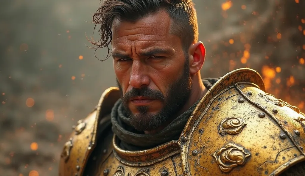 Close-up of a heroic fantasy warrior, proud expression, shining armor, golden light, cinematic, ultra-realistic, 8K