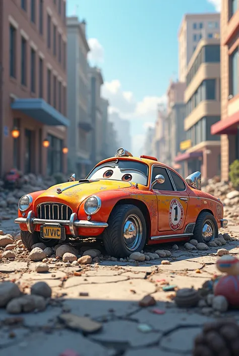 Hi, can you generate me a picture that shows a cartoon car if it were Rubble from Paw Patrol