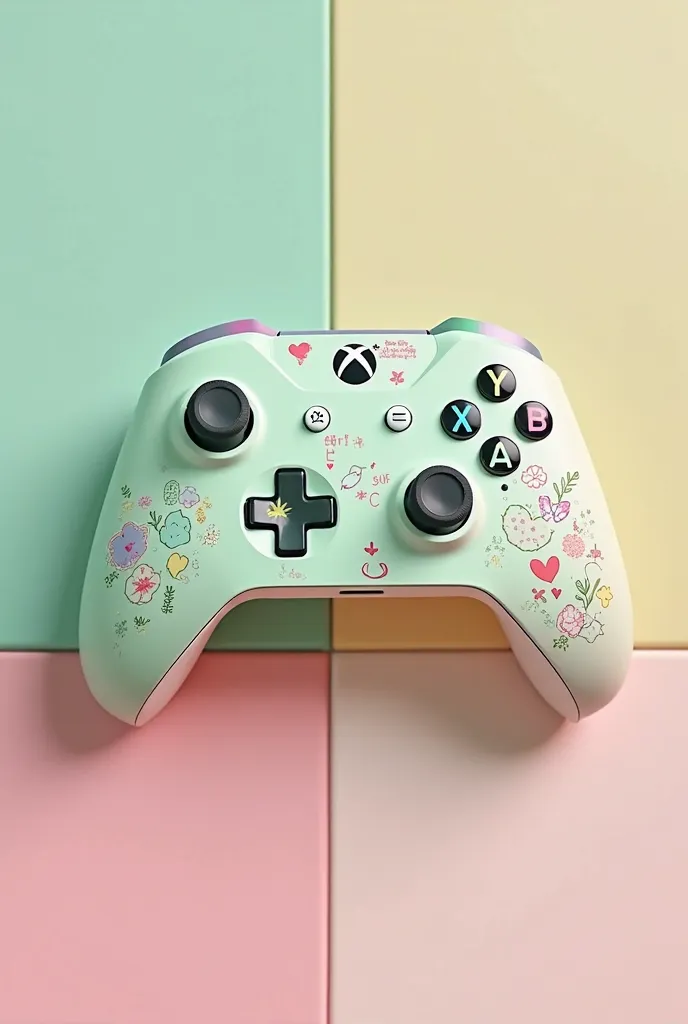 Create a design for xbox wireless controller using mint, pink, yellow and red. Make the colors pastel shade and add some cute drawings on