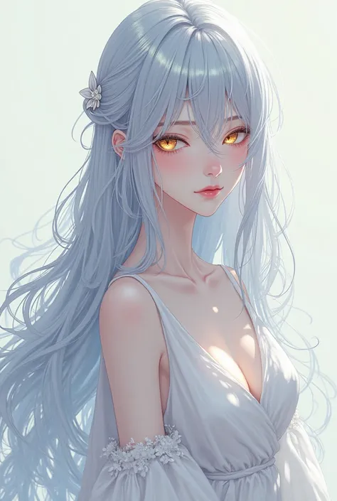 An anime girl, long silver blue hair,  your eyes are golden, your skin is pale, your clothes are noble white.
