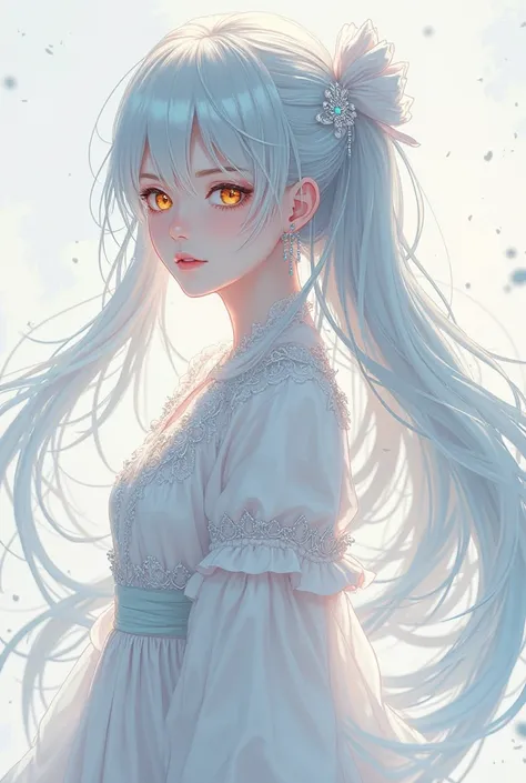 An anime girl, long silver blue hair,  your eyes are golden, your skin is pale, your clothes are noble white.
