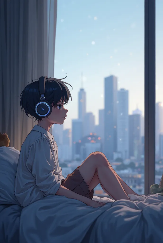 An anime boy wearing a headphone sitting on a window in his room 16:9