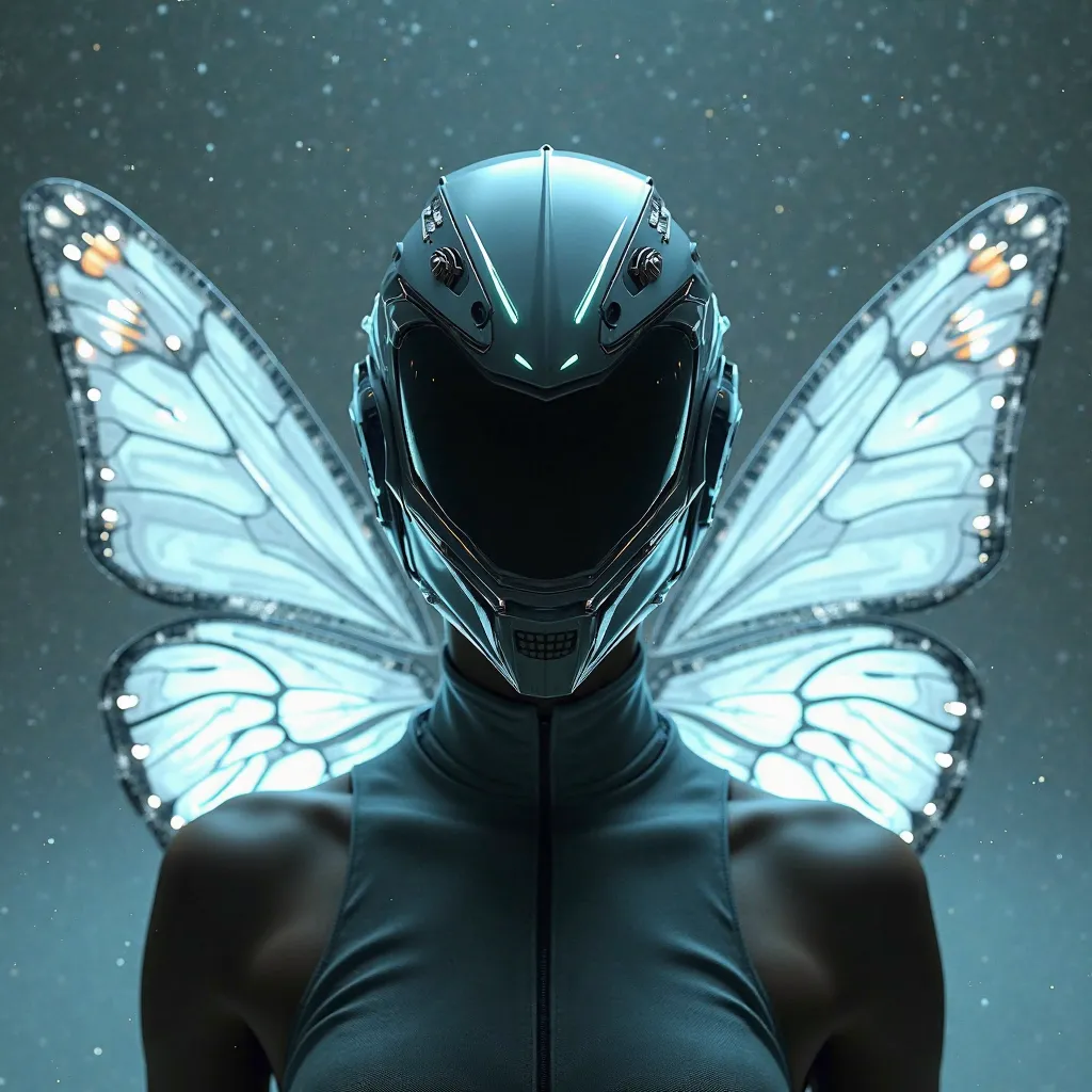 Futuristic sports helmet combined with illuminated butterfly wings