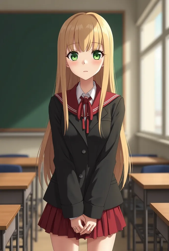 Little  girl, Beige skin,  long and straight dark blonde hair,  intimidating green eyes , wears a black and red school uniform, He's in a neutral-colored classroom. anime style.