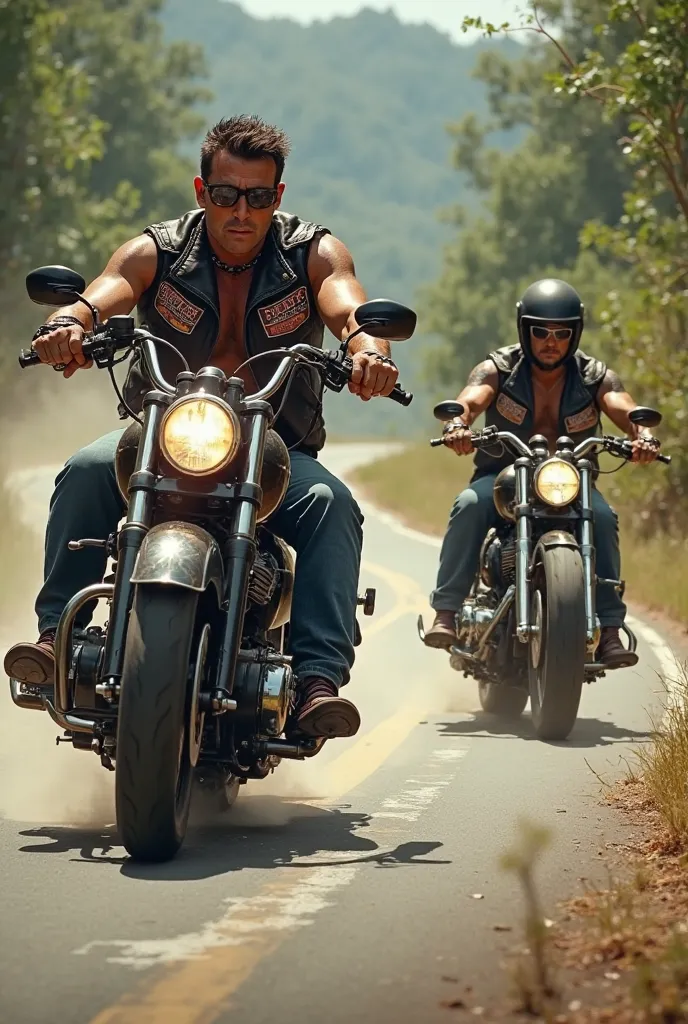 Two couples of calangos bikers riding motorcycles with vests