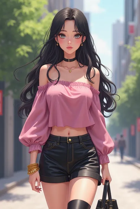 rendered in a highly detailed hyperrealistic anime style,of a young woman wearing pink Off the shoulder puff sleeve top + Leather shorts + High boots, and carried a bag, looking very fashionable.

Her accessories include gold bracelets on her wrist, adding...