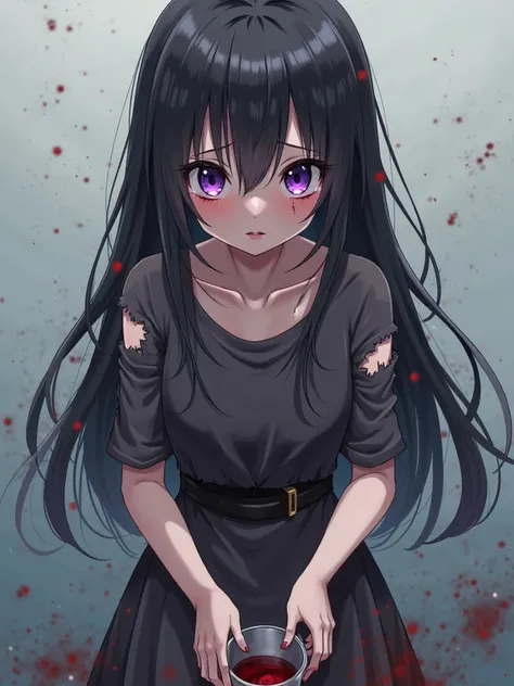 Anime girl 
Hair: Black, long and neat 
Eyes: Intense violet 
Skin: Normal white 
Ripped black dress 
She holds a bucket of water in her hands. 
her hands are bleeding 
her eyes are full of tears 
Age: s 