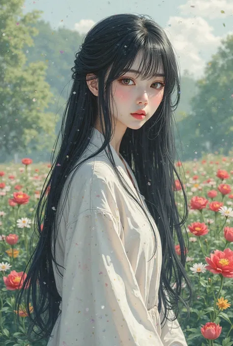 Create a Korean manga cover, Beautiful black long-haired woman with white skin, Wearing a simple white Dres, moody face there is a drop of tears falling on cheeks standing back to beautiful flower garden, standing half body position facing forward, gambar ...