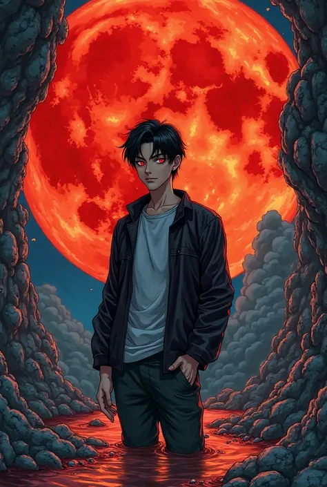 Manga, a black-haired man with orange eyes, was standing in his pocket, with a red moon shining at him behind him.