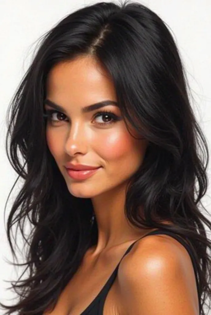 Depict a girl with facial features resembling Megan Fox: slightly tanned skin, expressive eyes, and full lips. Her hair is black, long, and slightly wavy, reaching down to her waist. She looks with a flirtatious gaze, possibly with a slight smile. The back...