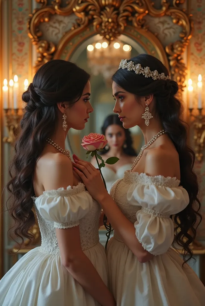 Two aristocratic women—one 40 years old, with a full figure and long dark hair, and the other 26 years old, slender and elegant, both with striking blue eyes—stand before an opulent, gilded mirror in an 18th-century palace. The elder gently adjusts the you...