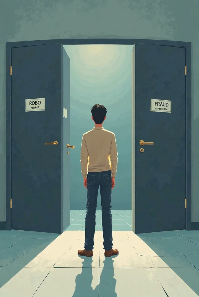 Legal themed illustration showing a person standing in front of multiple doors, each labeled with different legal crimes (for example, robo, Assault, fraud, vandalism). The person seems to be deciding which door to choose, representing the concept of compe...