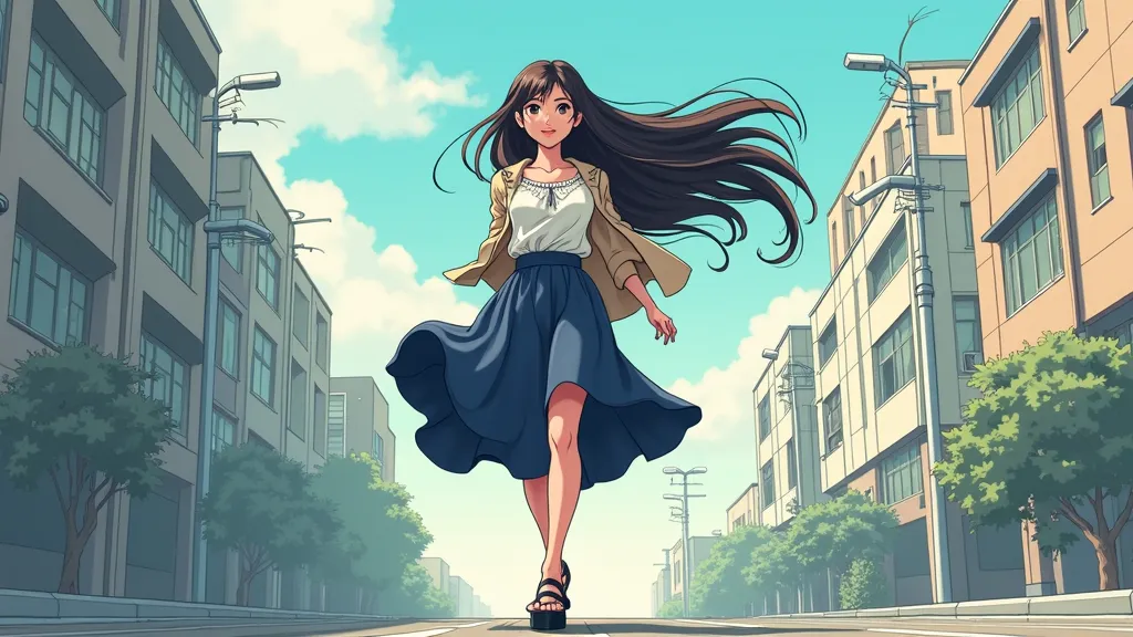 A cartoon of a beautiful 21-year-old Japanese woman with very long hair, wearing a white frilly blouse, a jacket, a dark blue medium-length skirt, black strappy high heels, lipstick, eye shadow and dark blue press on false nails.  She is walking down the p...