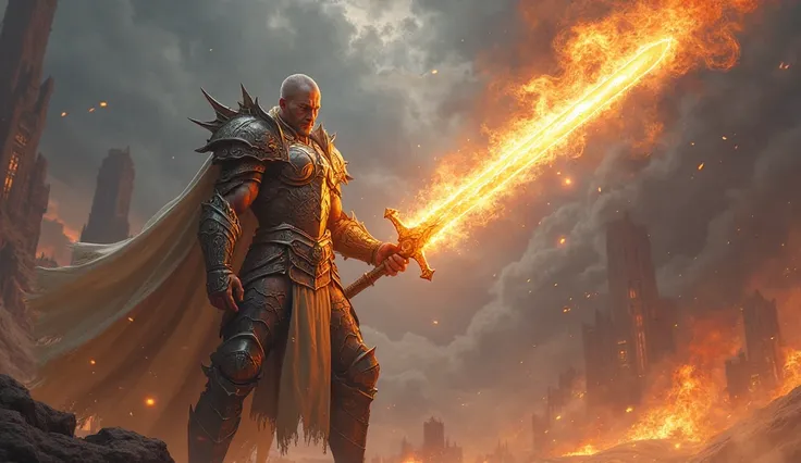 Epic warrior holding a flaming sword, magical energy glowing, dramatic fantasy scene, ultra-realistic, 8K