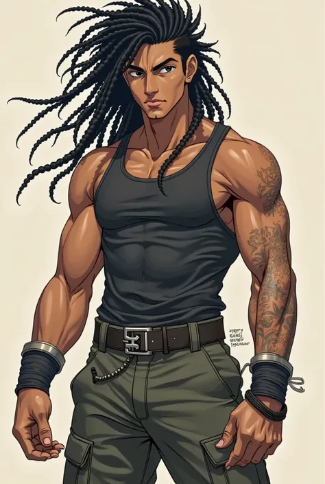 It will be like this ,

brown skin color, clear
Big black dreadlock haircut
170 meters high
Athletic physique

Clothes
Largo style pants like the combat clothing style of the character Toji Fushiguro 
Tank top,
And a capoeira one around the waist
Black eye...