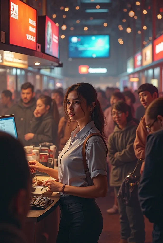 A woman working at the cinema box office, people around her are looking at movies