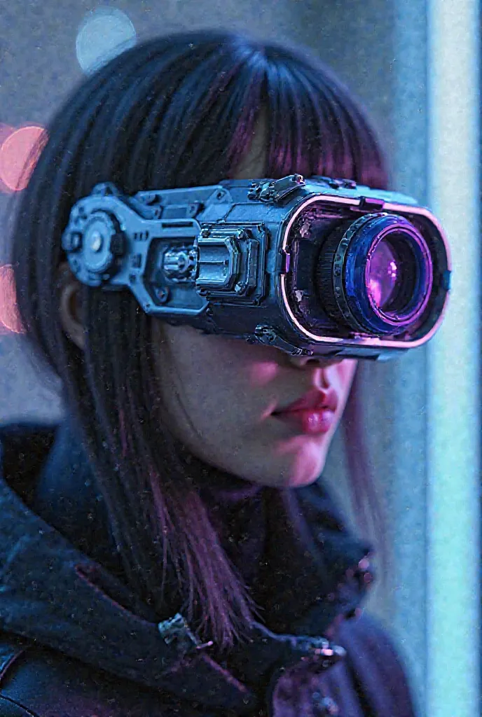 A metallic monocular eyeglass with a bluish-purple sheen, resembling a high-tech lens, In the theme of the game Valorant