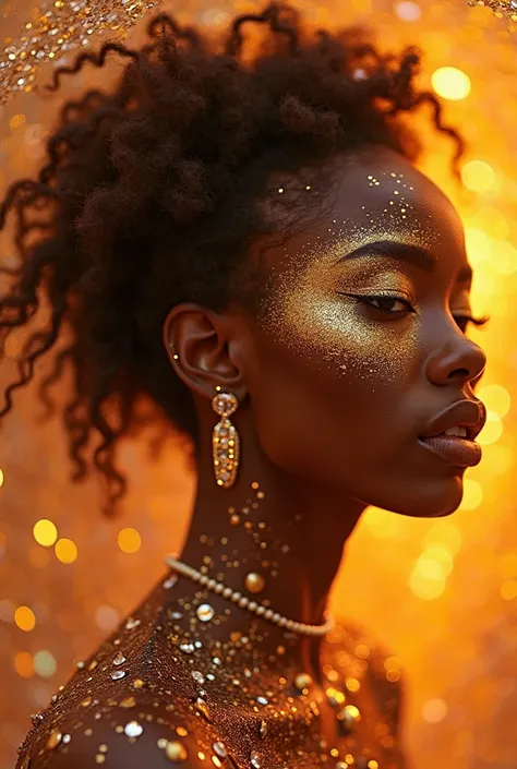 ((cinematic photography), (photorealistic), photographically correct, Afrofuturistic woman with glitter on her face, psychedelic interconnections, brilliant glow, overwhelming sparkle, intricate shimmering fabric, mystical surrealism, her luminous, hair ov...