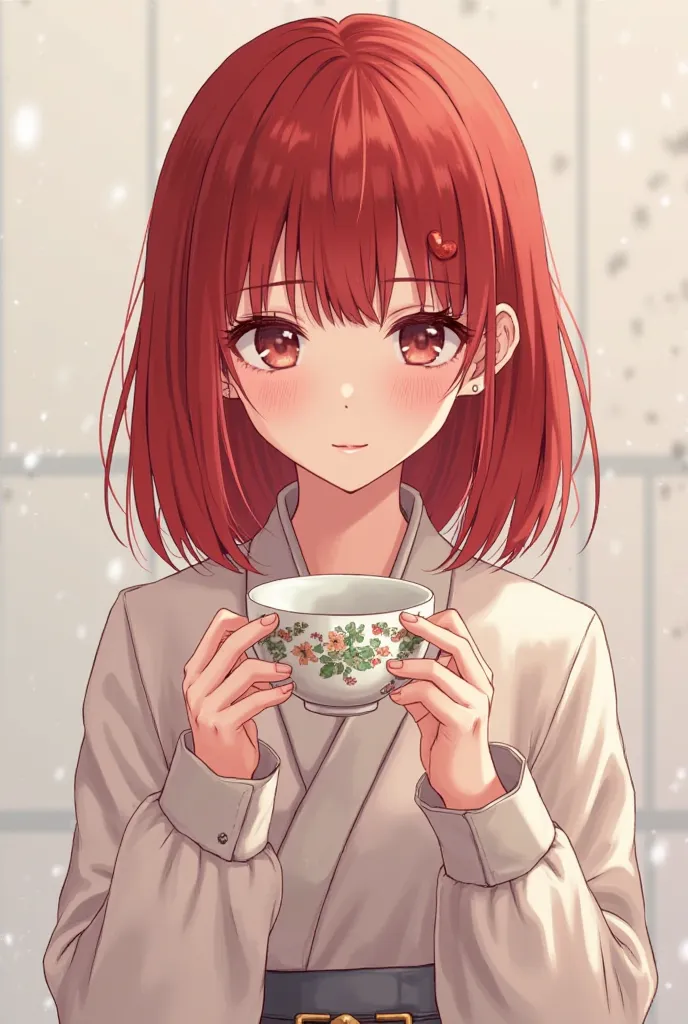 dark red haired anime girl holding a cup