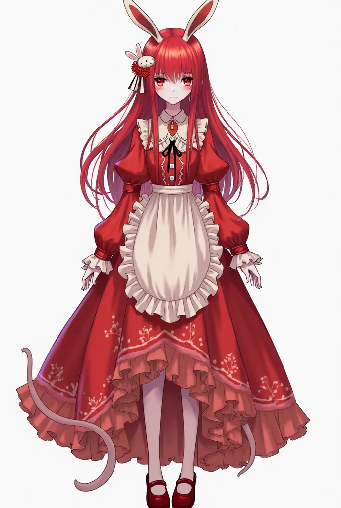 1girl, apron, bow, button eyes, closed mouth, colored sclera, colored skin, dress, full body, hair ornament, heterochromia, juliet sleeves, long hair, long sleeves, looking at viewer, mary janes, pale skin, puffy sleeves, rabbit hair ornament, red dress, r...