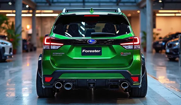 "A luxurious, camera 2025 (Subaru Forester) with a bold and modified design, featuring a (low green) shiny polished exterior. In the full(back) view, the car modified front is highlighted, showcasing a custom (back) with an aggressive design. The (back) fe...