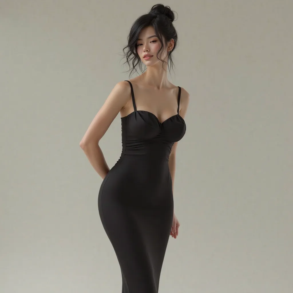 Make body with 92 cm shoulders and 85cm breast and 63cm abs and 95cm ass in girl with 50kg and 157cm height and tall black and she wears black dress and her skin is white 