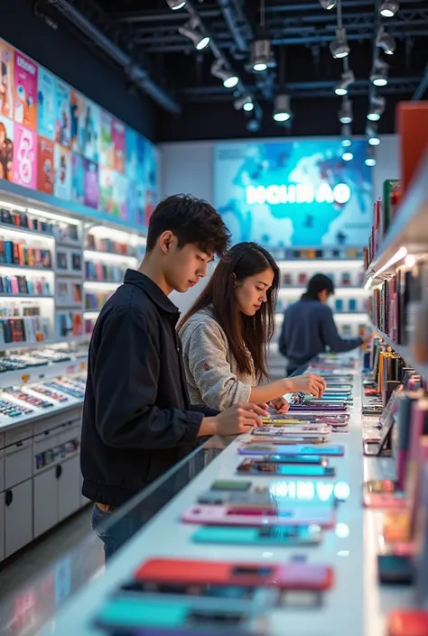 Create me a photo of a phone accessory store with 2 people in it