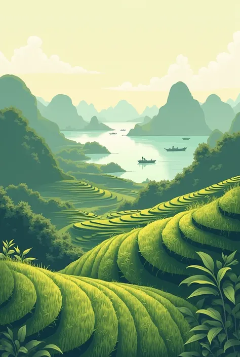 combination of terraces and halong bay, line painting, green, Yellow