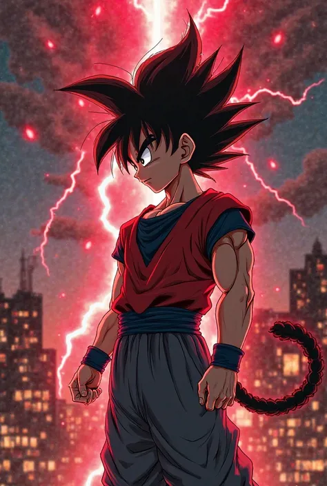 1 man, Goku, ssj 4, Black longe spiked hair, wearing red shirt, monkey tail, Gray pants, dark blue pants, red outline, yellow eyes, red aura, desteoyed city background, bottom angled view, red thunder falling, 