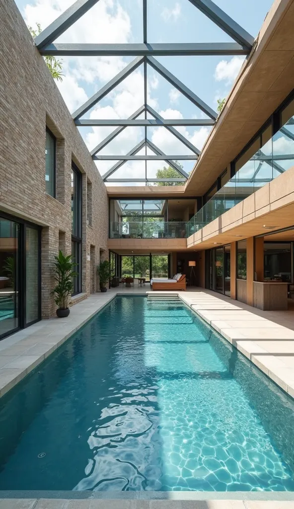 Indoor pool with a 7x20m pool area located in the house floor 15x25m. The house is only 3.5m with walls and sliding glass doors on one side and brick wall with 3 large glass windows for the opposite side. 2 gables are also just glass walls. Glass roof