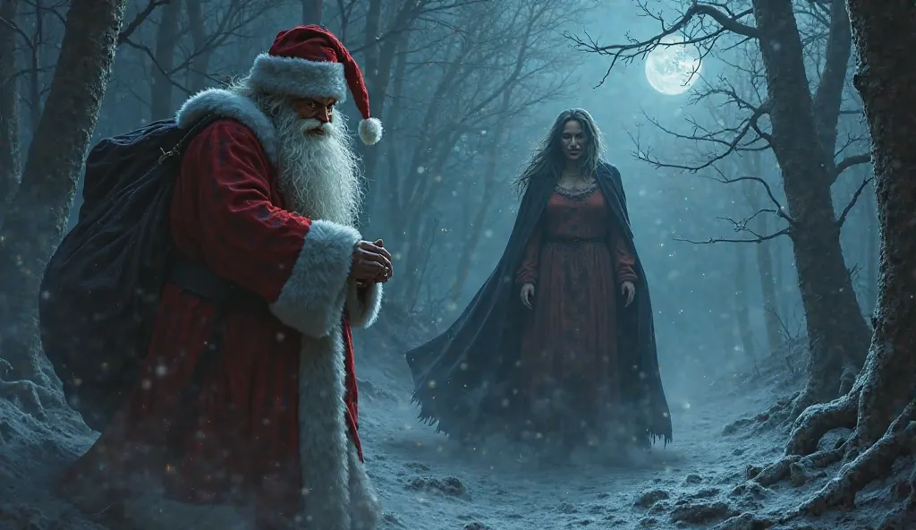 Santa Claus is standing in the very center of his terrible, of the demonic world — lands, covered in black ice and twisted trees, who seem to whisper and creak in pain. His face is distorted by an ominous smile, eyes — deep and icy, sparkle like two abysse...