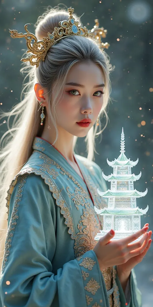 Uhd, half body photograpphy, Most beautiful xianxia female protagonist,light brown dominant and silver strand long hair , green jade eyes,use majestic goddess armor with red  mate fillamen, blue jade pattern clothes,face detailed,lips detailed,thin red lip...