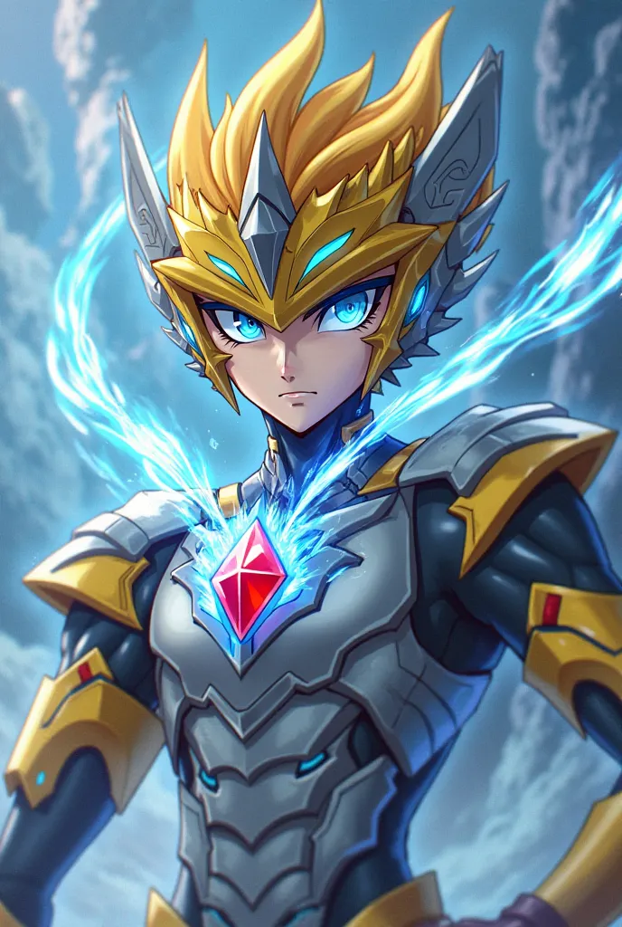 Faça o dragão Fafnir de beyblade burst evolution, but in the colors light yellow and white, with blue eyes wearing a few layers of silver armor over his body and with a red crystal in the shape of a diamond in his armor on his face (obs: I don't want any B...