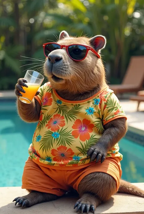 a capybara,  drinking tequila , with dark lenses, with shorts and flowered t-shirt, enjoying the pool. 