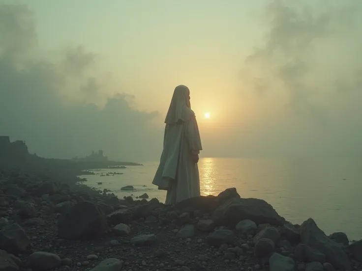 Imagine a film scene that opens about a destroyed city at dawn. The gray light of dawn filters through the smoke and the ruins, painting the sky in a pale orange that is reflected on the sea in the distance. the sea ,  the young nun , is shrouded in a thin...