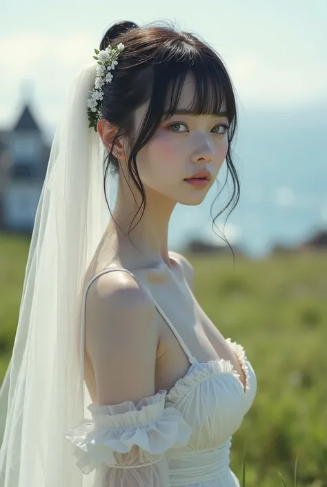 ((Top Quality)), ((Excellent)), (Detailed), ((Japanese)), Ultra-realistic and stunning environment, Desolate spring grassland, Dark hair, (Very young girl), ((White veil)), ((White wedding bikini)), ((Straight hair)), Outdoors, ((Blue eyes)), ((Seaside chu...