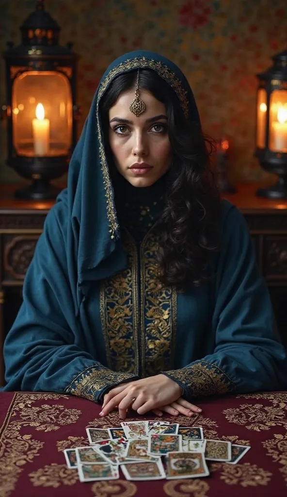 mysterious fortune teller sits at a dimly lit table, draped in an elegant deep blue robe adorned with golden embroidery. She wears a matching headscarf with a gold ornament resting on her forehead, complementing her dark, wavy hair. Her piercing gaze and s...