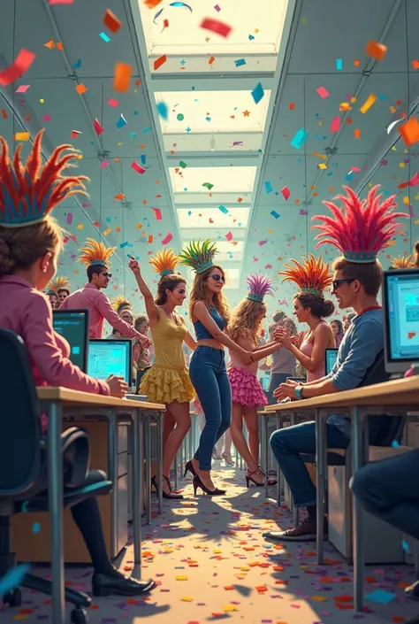 Create a 1200x1800 resolution image of people celebrating carnival in an office