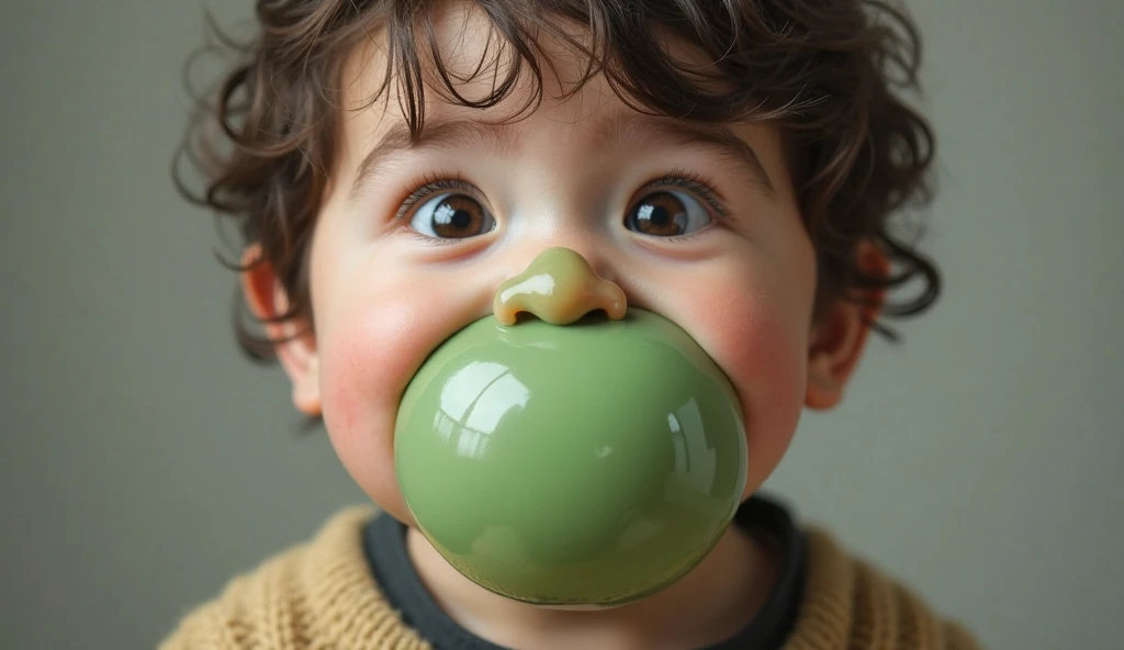 A hyperrealistic portrait of a chubby young boy with round cheeks and slightly messy hair. A large, green mucus bubble is inflating from his nose, stretched and shiny, reflecting light like a balloon. His expression is playful and slightly surprised, with ...