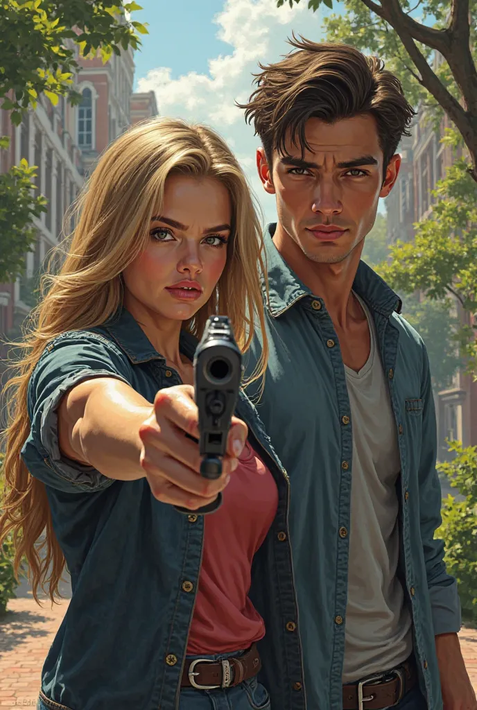 An illustration of a ager woman student with gun beside a handsome ager student man at the campus