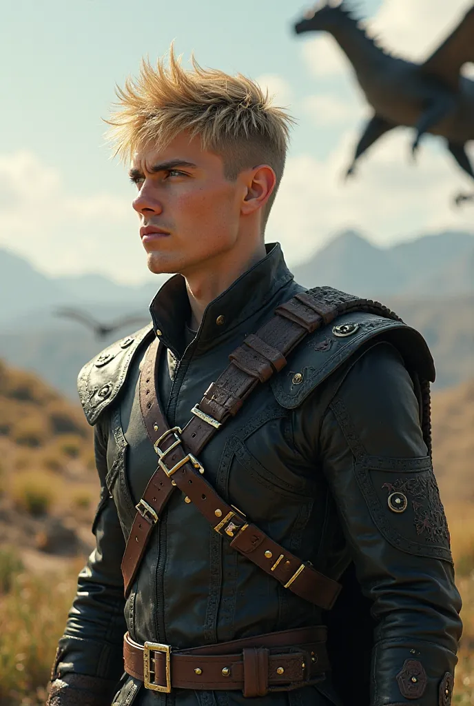 Liam Mairi von Fourth Wing. Dragon rider in early 20s with blond hair, muscular body, stark jawline and green eyes. He is wearing a black leather clothBlonde hair